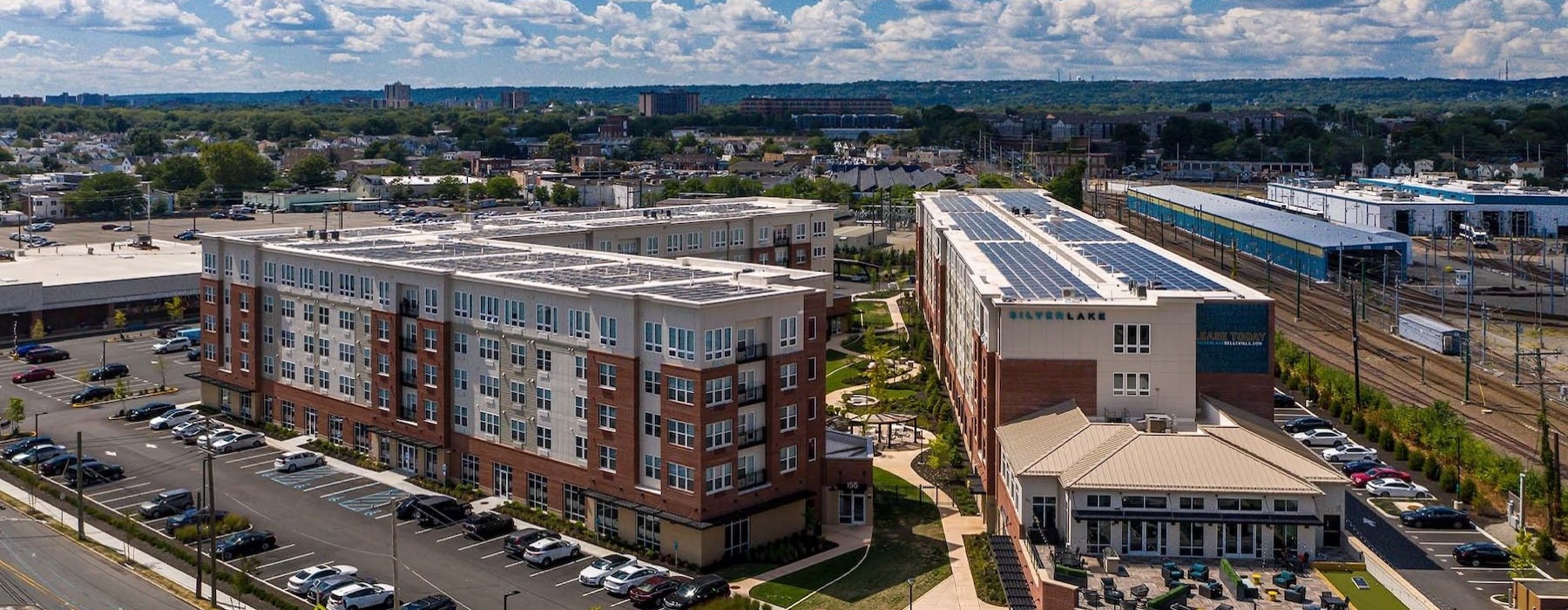 a high angle view of a building and a parking lot