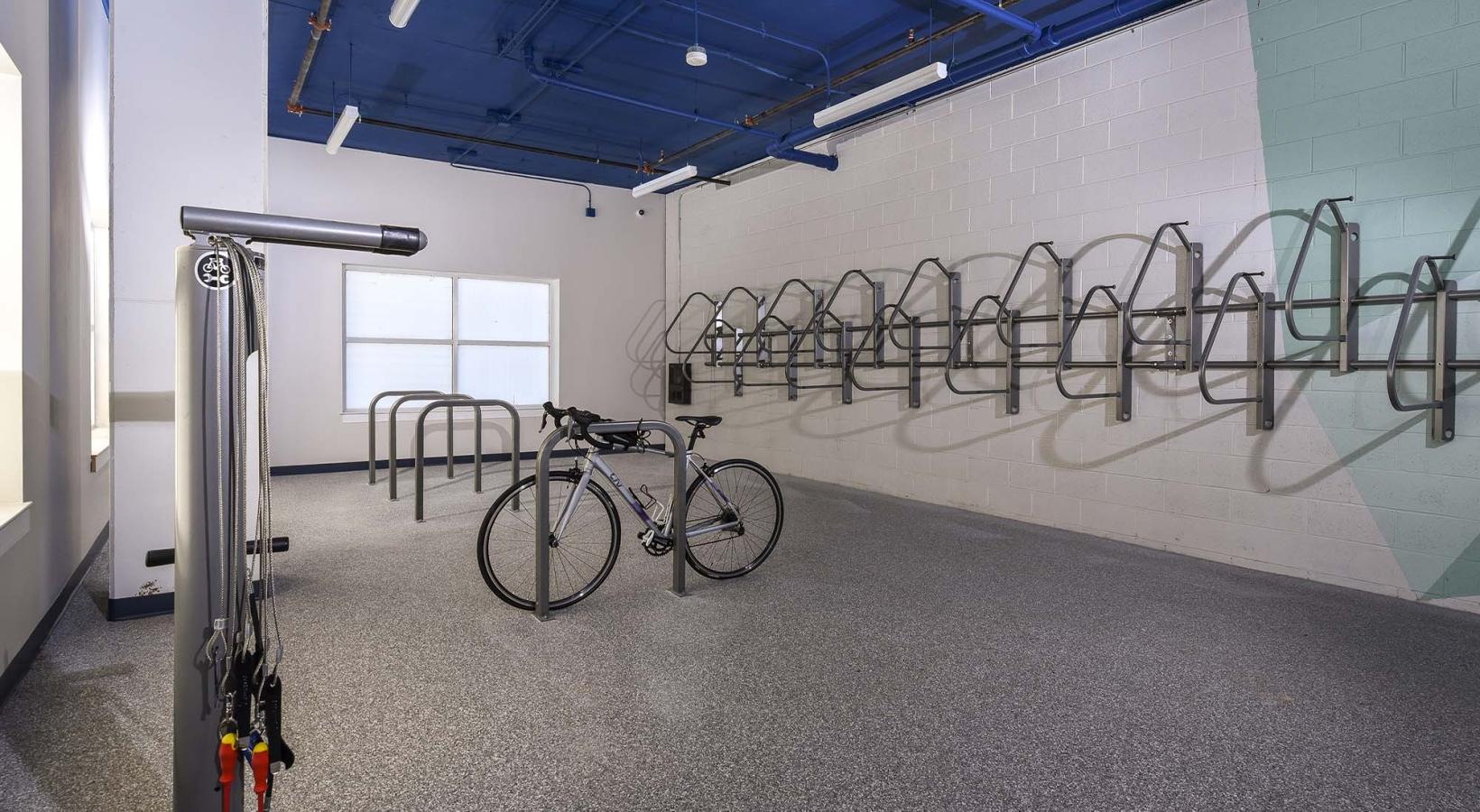 State-of-the-art amenities a bike parked in a bike room